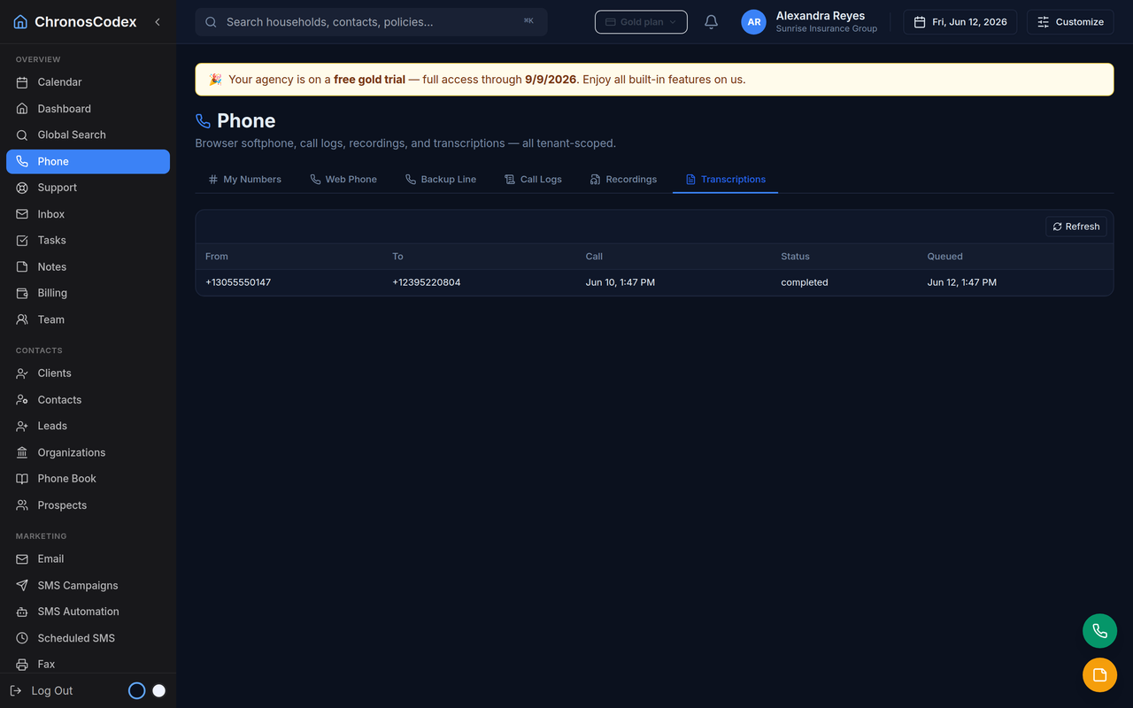 Recorded calls, transcribed (shown: ChronosCodex)